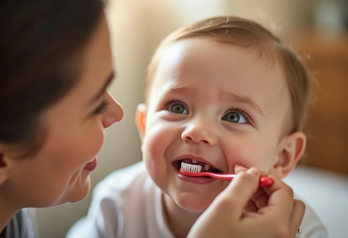 An older child brushing a younger child's teeth with a children's toothbrush — small children need an adult to brush for them